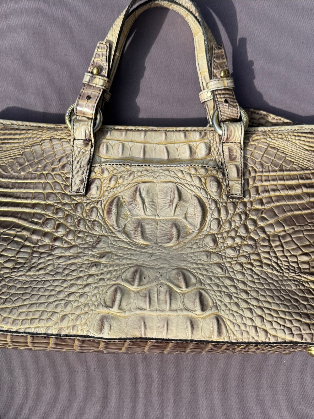 Brahmin Viviani Croc Embossed Leather Satchel Crossbody Brown Cream GUC w/duster - Picture 6 of 15